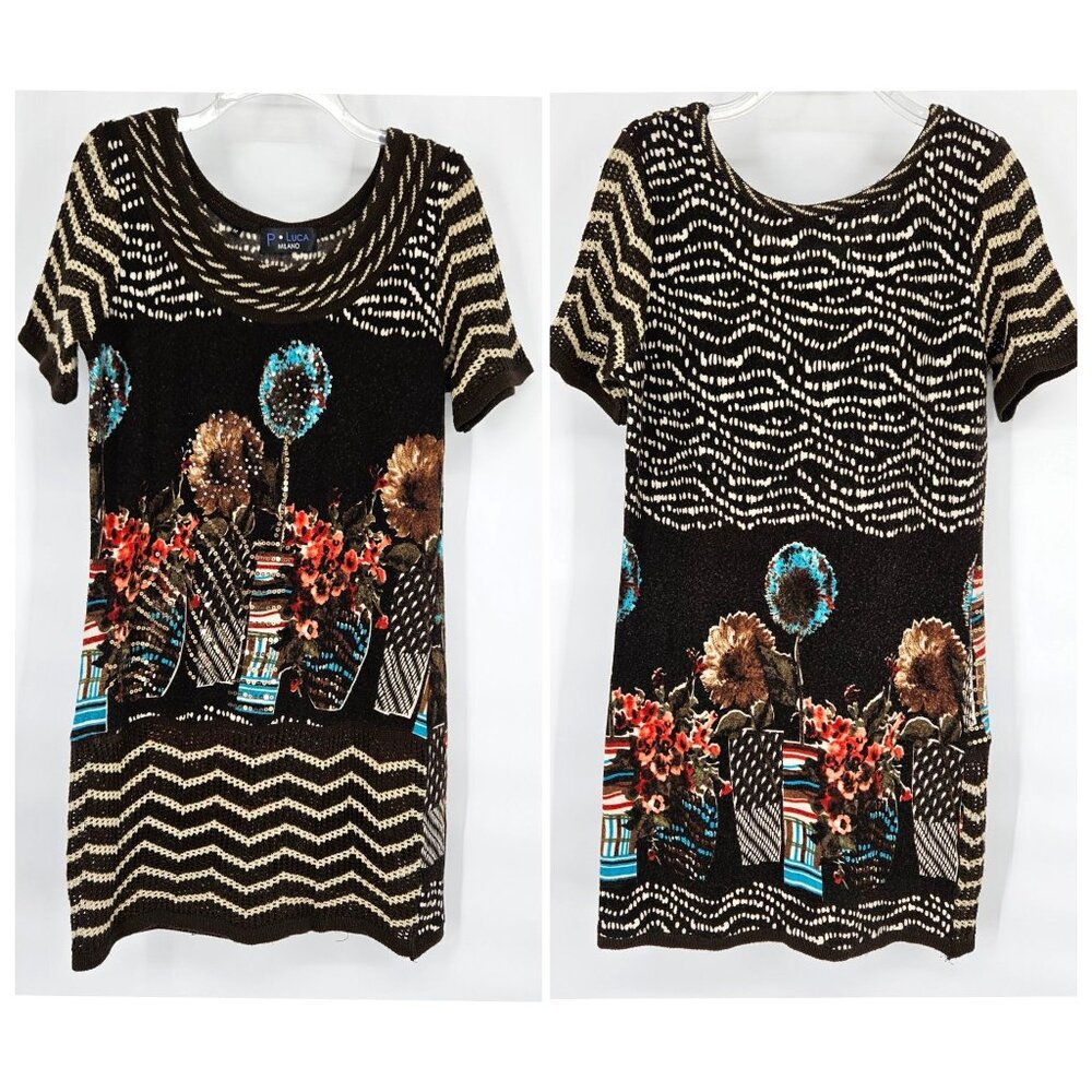 P. Luca Milano Midi Knit Dress Medium Brown Floral Sequin Bling Short Sleeve